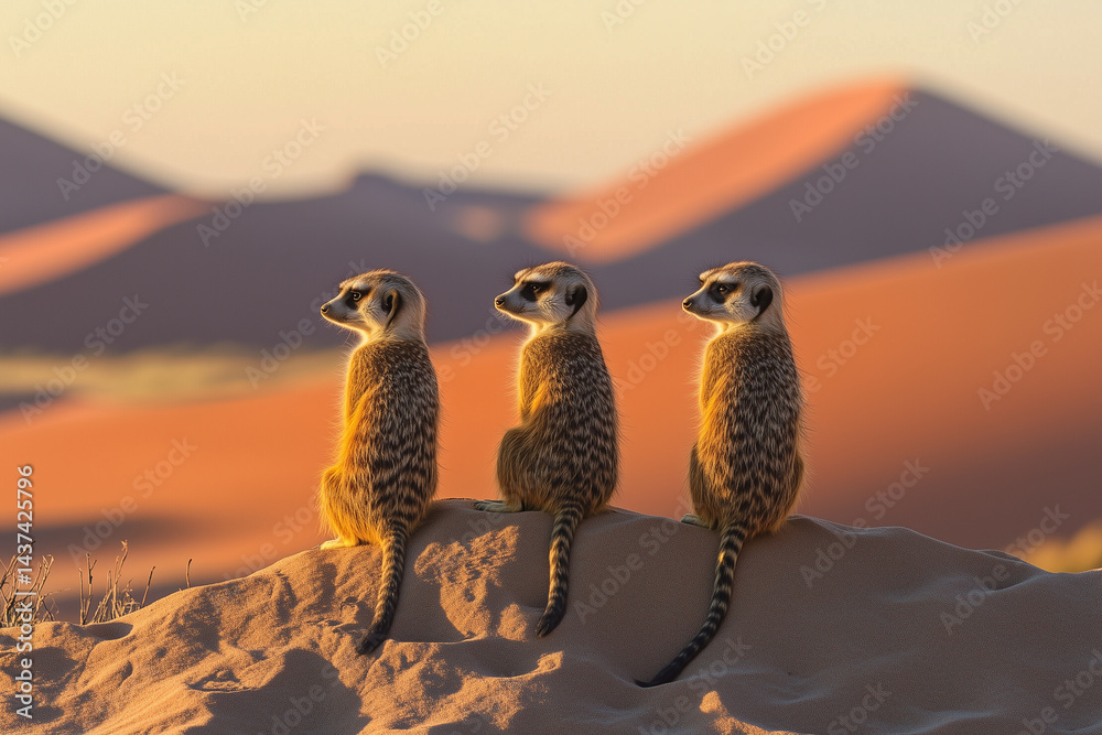 Three suricates on a big sand dune, inspired by the Namib desert in Namibia