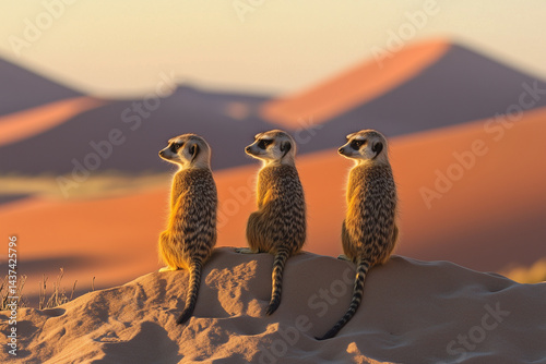 Obraz na płótnie Three suricates on a big sand dune, inspired by the Namib desert in Namibia w salonie