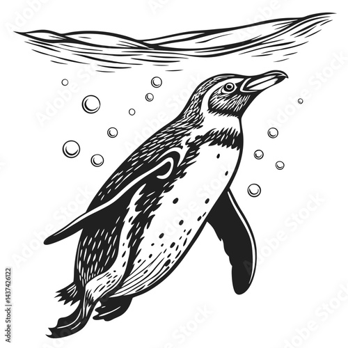 Monochrome Penguin Swimming Underwater with Bubbles and Water Surface Line Art