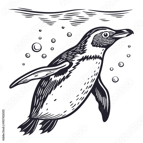 Black and White of Penguin Swimming Underwater with Bubbles, Ocean Waves