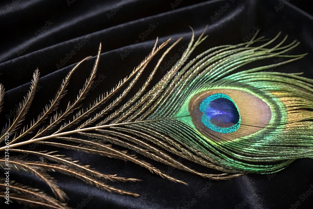 Obraz premium A vibrant blue and green peacock feather closeup reveals the eye-like pattern, a detail of the bird's beautiful plumage