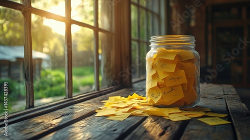 Glass jar filled with yellow sticky notes on a wooden table near a sunlit window with greenery
