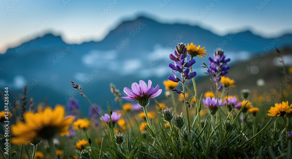 Obraz premium Vibrant purple wildflowers blooming in alpine meadow with majestic blue mountain range in background. Mountain flora, hiking destinations, botanical tours, summer adventures.