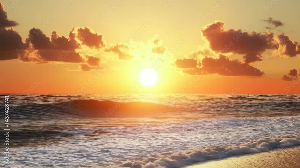 Golden sunset over ocean waves, with orange sky and scattered clouds creating a tranquil and idyllic seascape.
