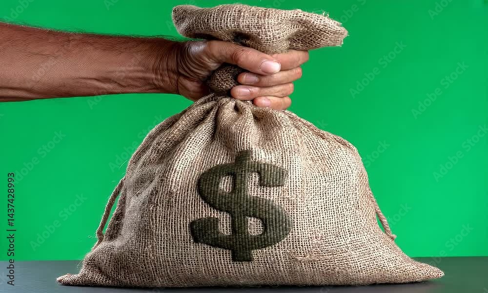Hand Grasping Beige Money Bag with Green Dollar Sign on Green Background
