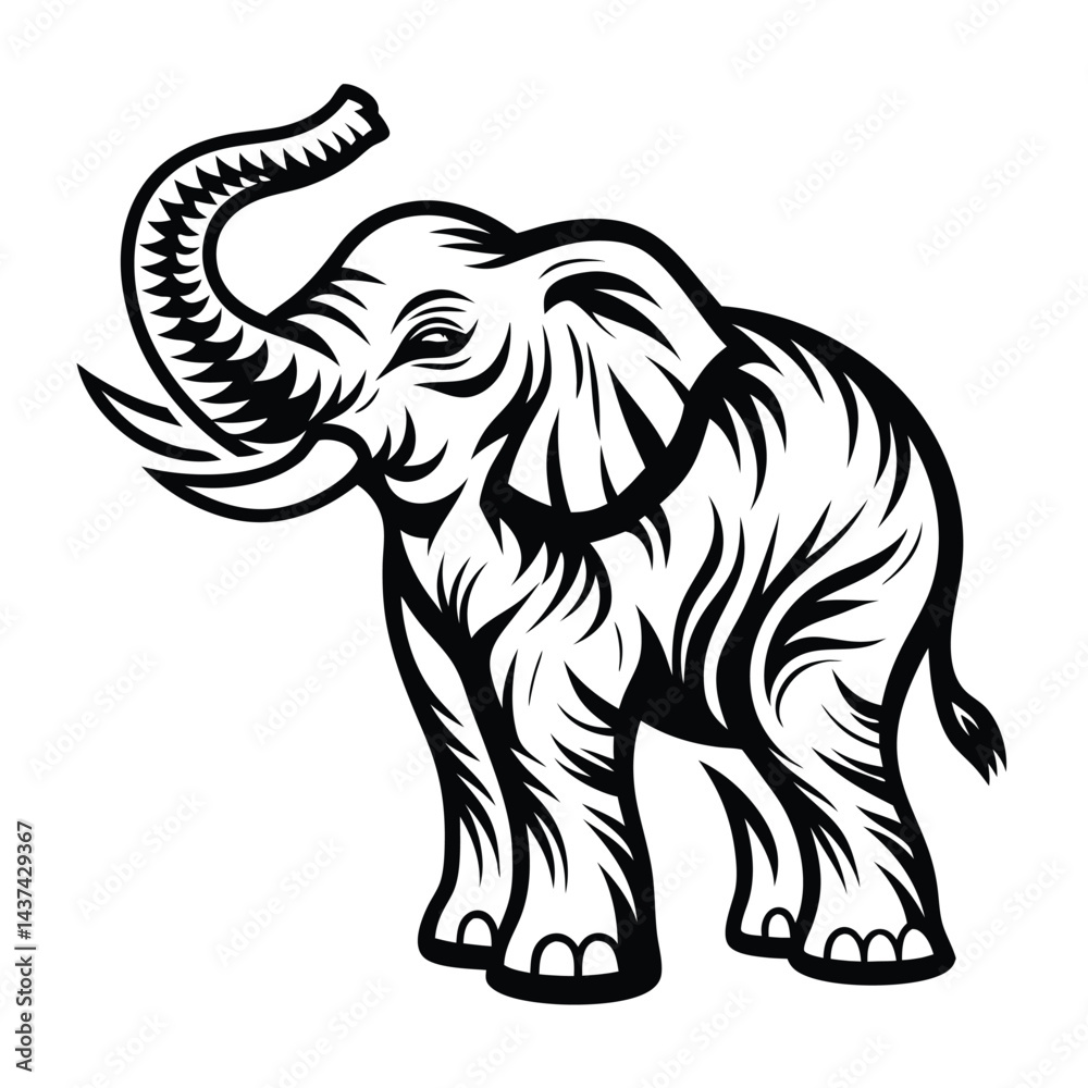 Bold Black & White Elephant Illustration, Trunk Up, Powerful Animal Design, Simple Art Bold Black & White Elephant Illustration, Trunk Up, Powerful Animal Design, Simple Art