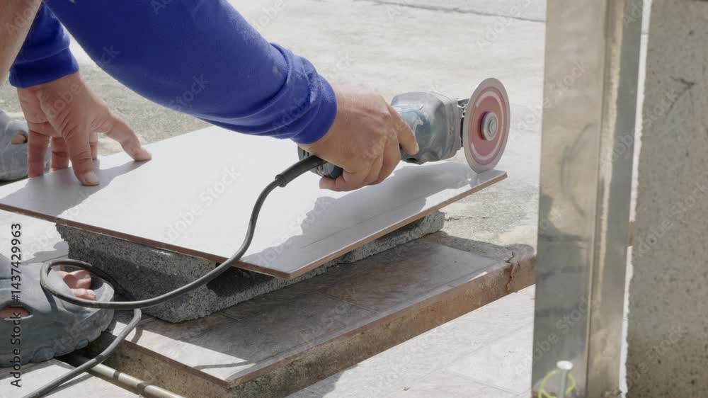 Close-up of a worker's hands guiding an angle grinder over a gray tile on a stone base, emphasizing skilled tile cutting in construction projects.