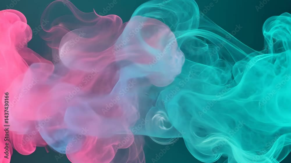 Vivid pink and cyan smoke swirls in artistic motion on green background