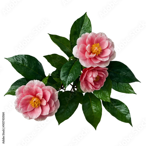 Beautiful camellia blossoms with lush green leaves isolated on transparent background transparent background isolated png stock