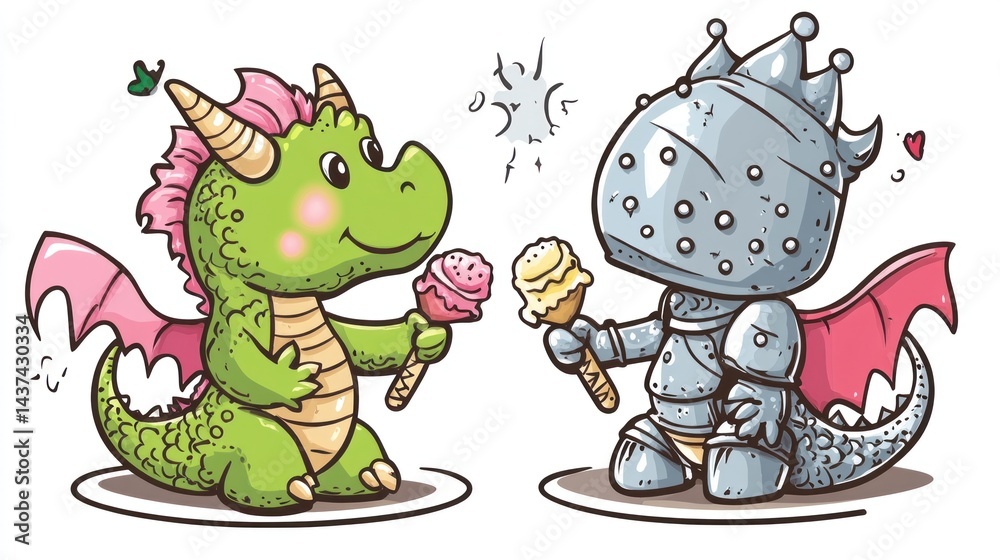 Naklejka premium Cute dragon and knight sharing ice cream