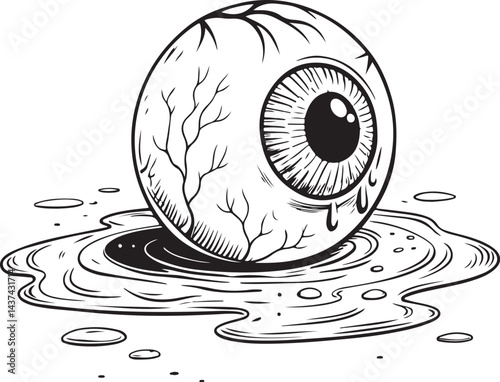 Eyeball floating in liquid, Horror and Halloween, Spooky Scary Black and White Vector Illustration, Sketch Drawing Line Linear Symbol Icon Engraving, Hand-drawn Isolated