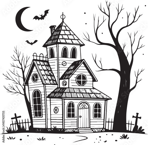 Haunted House with Ghosts, Horror and Halloween, Spooky Scary Black and White Vector Illustration, Sketch Drawing Line Linear Symbol Icon Engraving, Hand-drawn Isolated