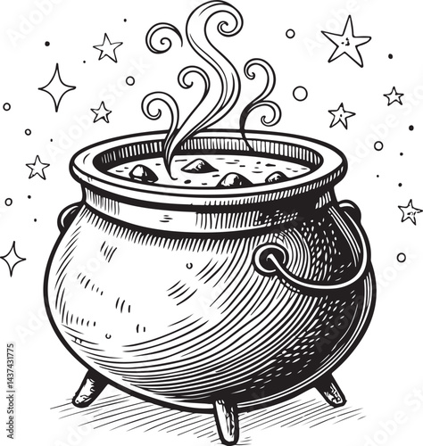 Hocus-pocus cauldron with Potion, Horror and Halloween, Spooky Scary Black and White Vector Illustration, Sketch Drawing Line Linear Symbol Icon Engraving, Hand-drawn Isolated