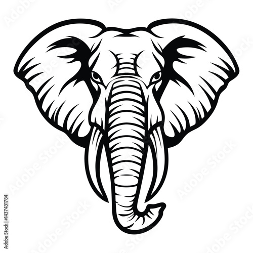 Wallpaper Mural Black and White Elephant Head Outline, Tribal Style, Majestic Tusks, Detailed Patterned Ears Torontodigital.ca