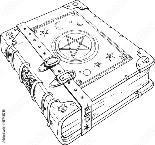 Magic spell book, Horror and Halloween, Spooky Scary Black and White Vector Illustration, Sketch Drawing Line Linear Symbol Icon Engraving, Hand-drawn Isolated