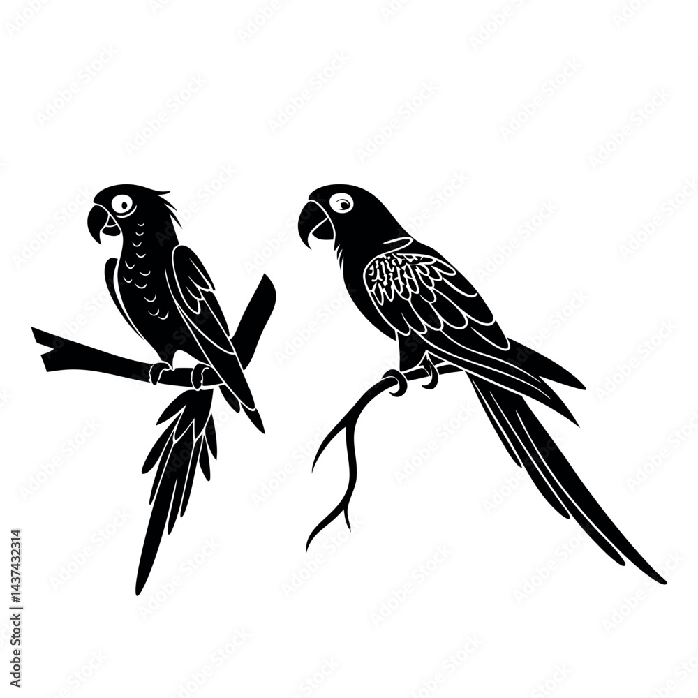 Obraz premium Black Parrot Silhouettes on Branch - Minimalist Vector Illustration