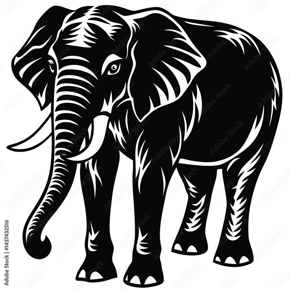 Fototapeta premium Elegant Elephant Silhouette With Night Sky Backdrop, Black and White Decorative Design