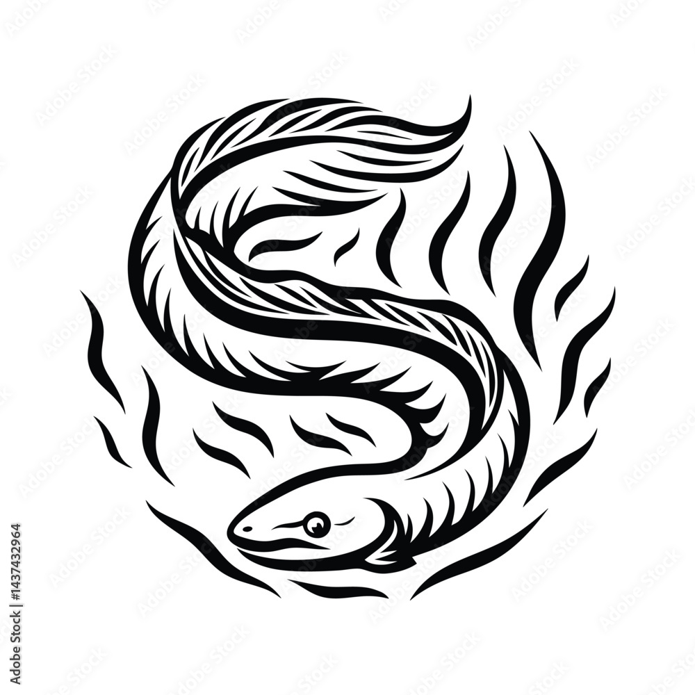Artistic Monochrome Eel Design. Stylized Swirling Fish with Elegant, Fluid Lines Artistic Monochrome Eel Design. Stylized Swirling Fish with Elegant, Fluid Lines