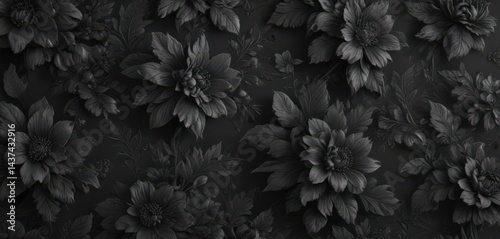 Intricate black charcoal floral wallpaper, textured elegance , rich, glossy, luxury
