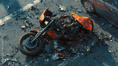 a motorcycle accident on the road, damaged motorcycle after an accident with a car with debris scattered on the road, road accident, generative ai