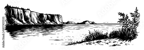 coastal cliffs and sea view sketch illustration