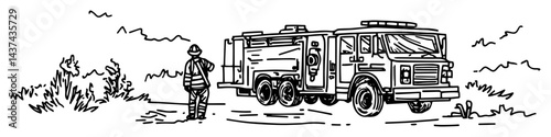 fire truck and firefighter sketch illustration
