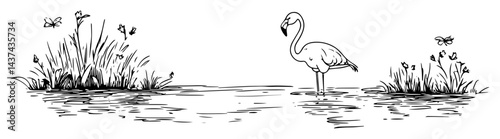 flamingo standing in wetland sketch illustration