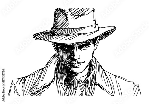 mysterious man in trench coat and fedora sketch