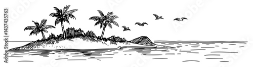 tropical island with palm trees sketch illustration