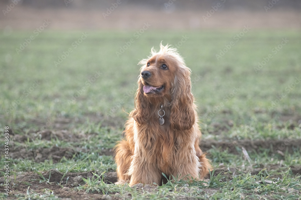 Fototapeta premium Portrait of a beautiful purebred cocker spaniel in a spring field.