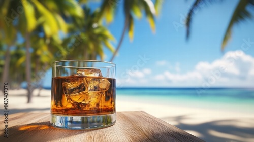 Refreshing drink on a sunny beach with palm trees and a clear sky. Perfect for relaxation and enjoyment by the sea.