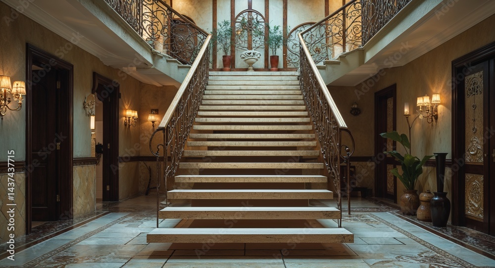 Fototapeta premium Floating staircase leading to the second floor with decorative railing background