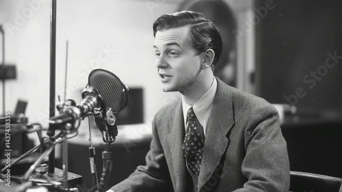 A young man in a suit speaks into a vintage microphone in a recording studio.