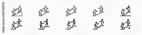 Leadership Icon – Person Helping Another Up the Stairs Symbolizing Guidance and Support, Man climbs the stairs. Progress linear icon