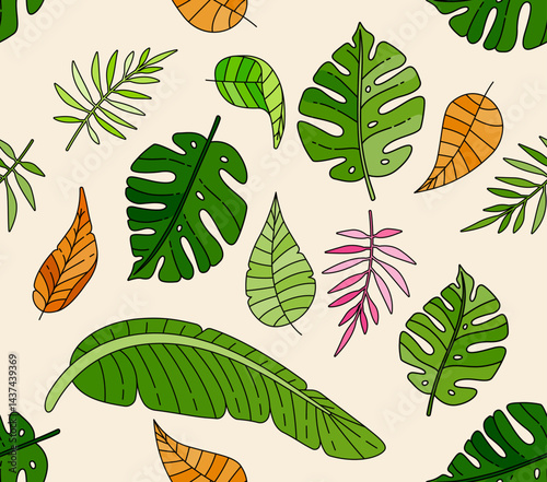 Tropical foliage doodle featuring banana, monstera, and betel leaves for summer and tropical themes. Can be used for children books, backgrounds, banners, posters, ads