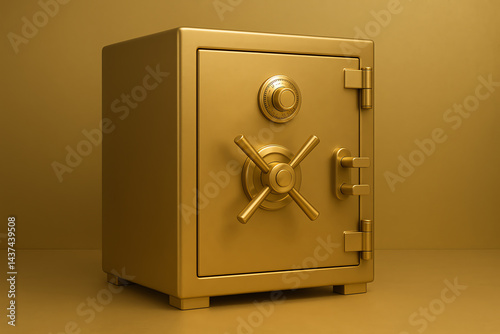 A golden safe stands proudly against a monochromatic background, symbolizing security and wealth. This image captures the essence of protection for valuable assets and treasures.