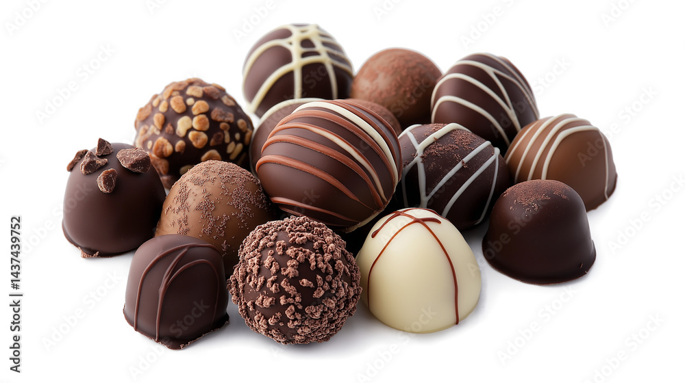 A bunch of chocolate truffles with white stripes on them A bunch of chocolate truffles with white stripes on them