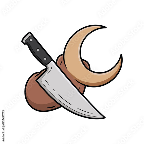 Eid al-Adha symbolic illustration of knife with crescent moon, sacrifice and celebration theme