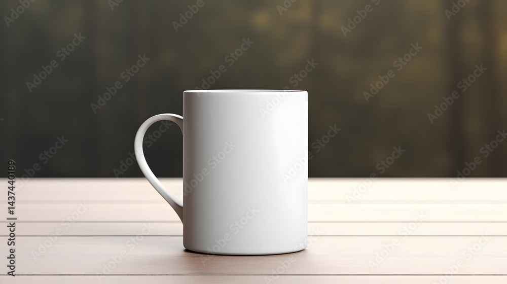 Fototapeta premium A white coffee mug sits on a wooden table