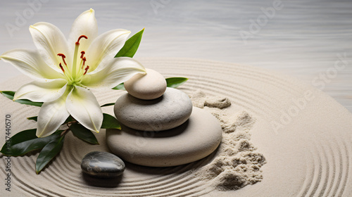 A peaceful Zen garden featuring a lily and spa stones, with ample space for text placement.

