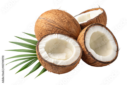 A halved brown coco fruit with a hard shell is isolated on a white background, showcasing its fresh, natural texture and potential for healthy, tropical milk and diet uses