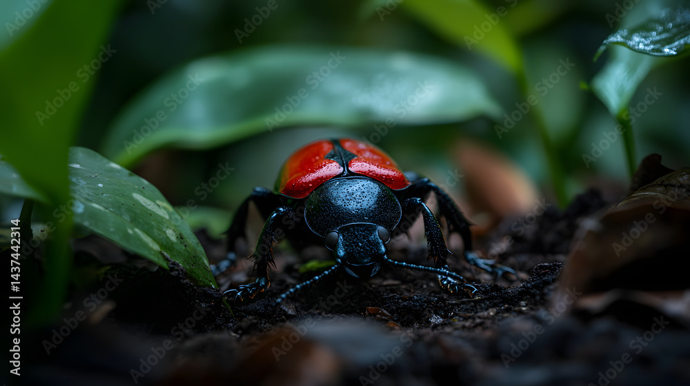 Obraz premium A large red and black rainforest beetle crawling on the ground surrounded by tropical leaves.