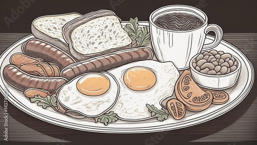 A English breakfast: sausages, fried eggs, tomatoes, beans, toast, and tea on a plate.