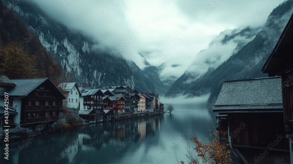 Fototapeta premium beautiful old town village in mountain valley near lake for wallpaper