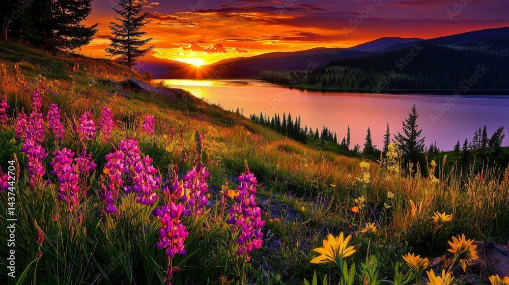 Obraz premium Tranquil waters reflect the colorful sky during sunset.
