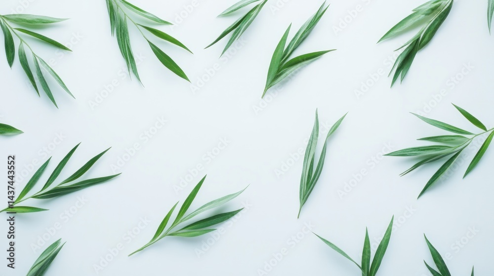 Fototapeta premium Fresh green leaves arranged on a light background