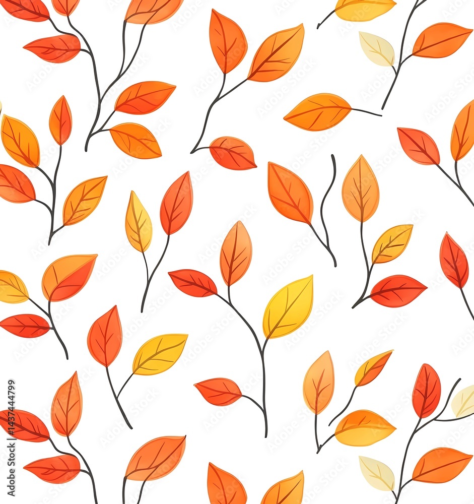 Autumn leaves, a seamless pattern, an ink brush drawing, with orange and yellow colors on a white background