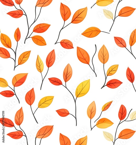 Wallpaper Mural Autumn leaves, a seamless pattern, an ink brush drawing, with orange and yellow colors on a white background Torontodigital.ca