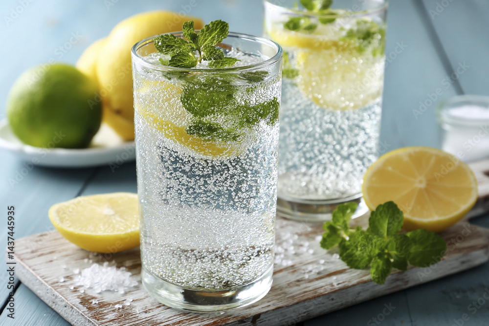 Glasses filled with sparkling drink feature mint leaves and lemon slices, accompanied by fresh lemons and limes on a cutting board Glasses filled with sparkling drink feature mint leaves and lemon slices, accompanied by fresh lemons and limes on a cutting board