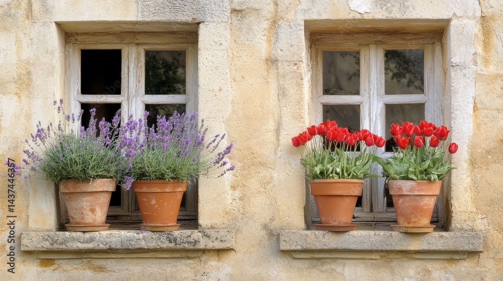 Naklejka premium Two terracotta pots of lavender and tulips sit on windowsills of an old stone building.